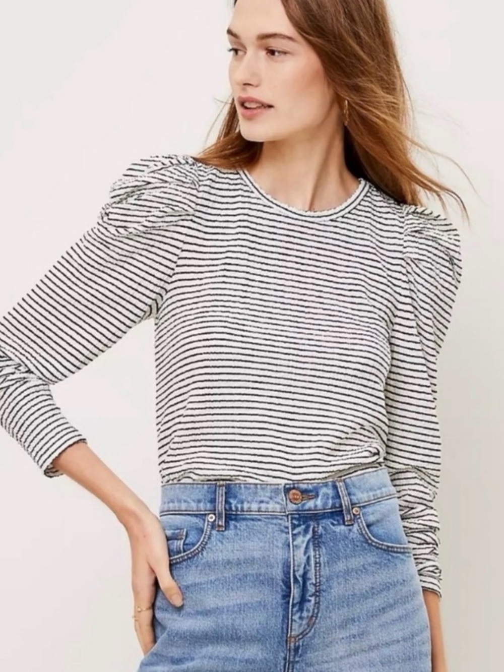 LOFT Striped Puff-Shoulder Long-Sleeve Top